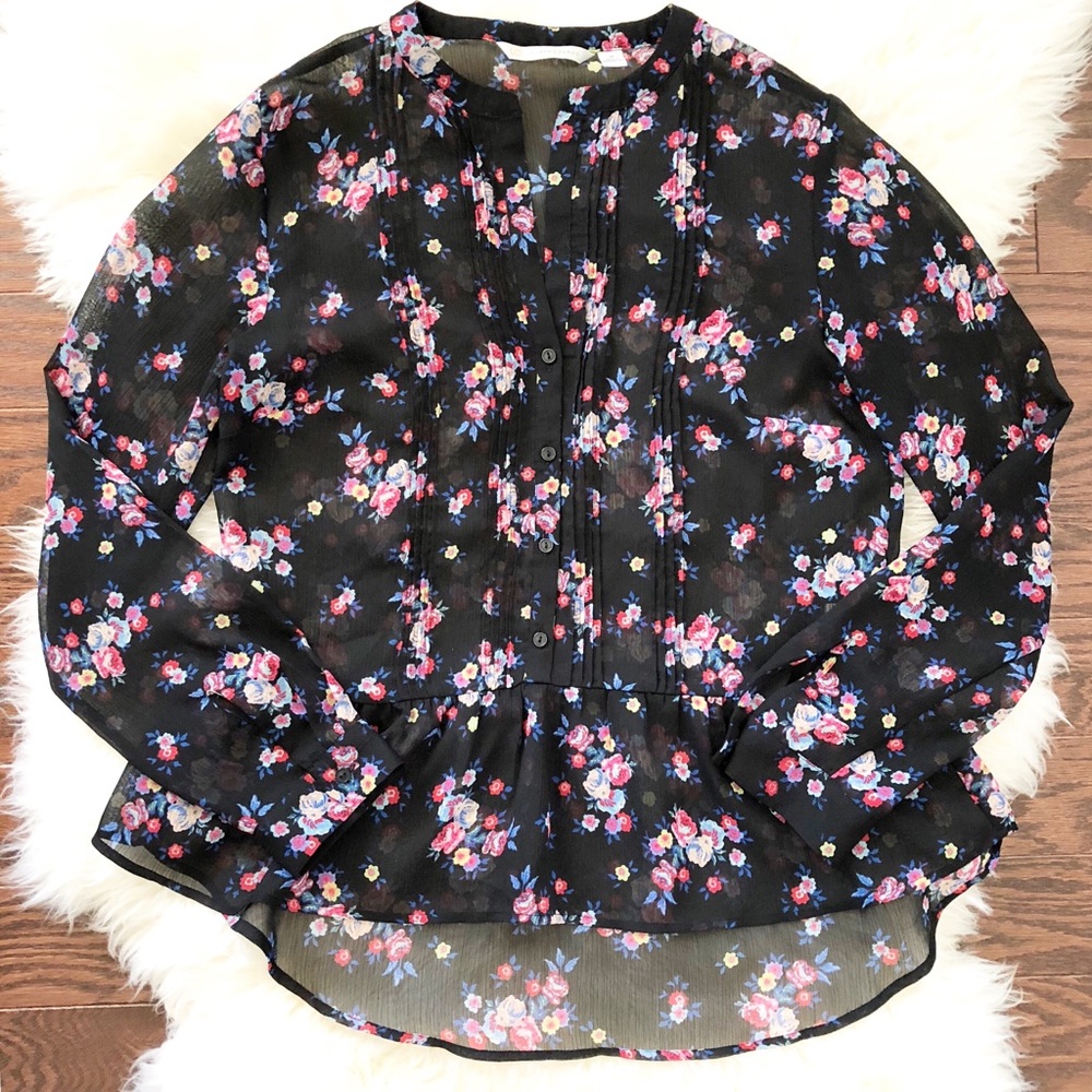 Lauren Conrad Black Floral Sheer Blouse Size M